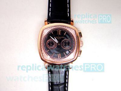 Copy Patek Philippe Gondolo Black With Rose Gold Diamond Watch